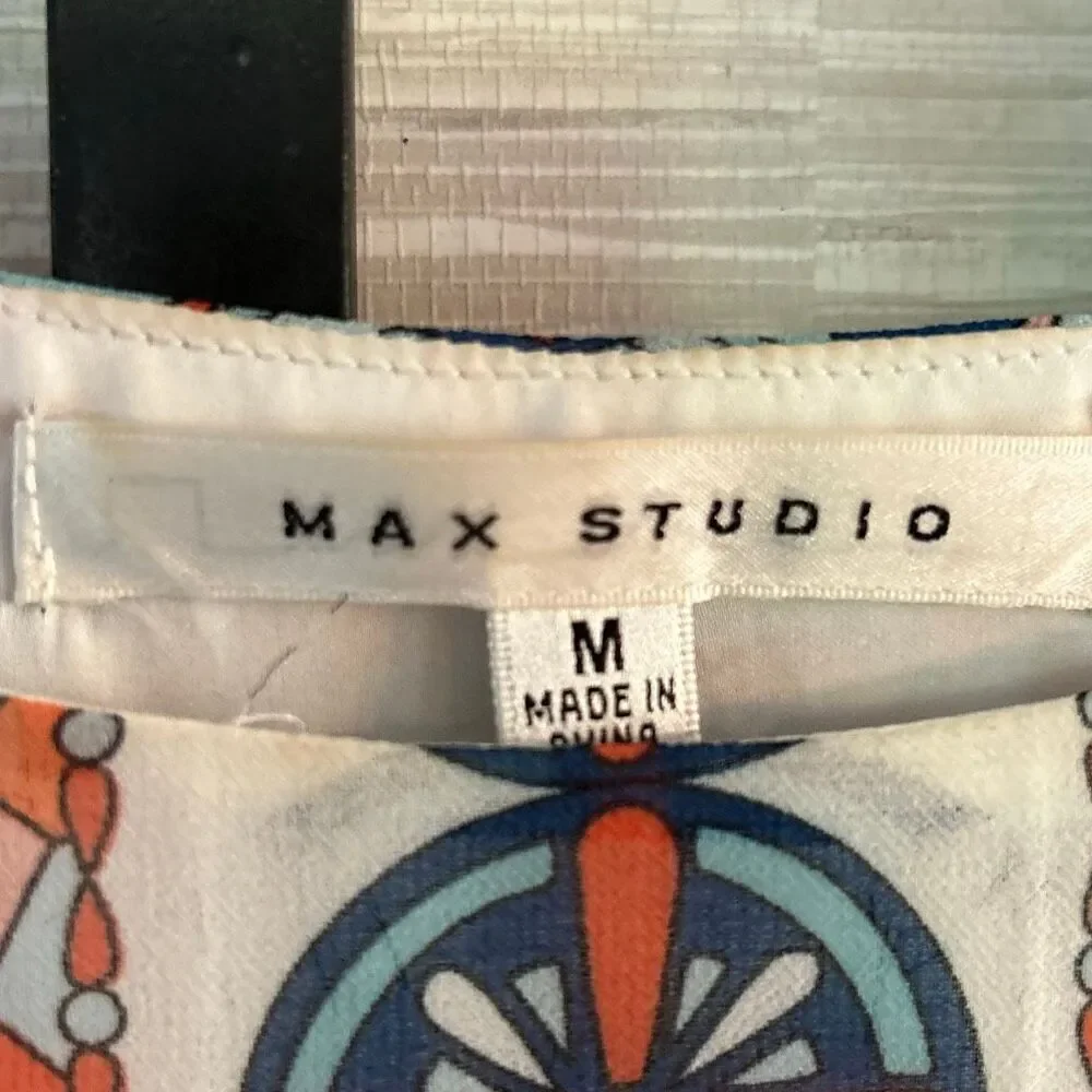 Max studio lovely peach blue white printed trapeze flowy dress m